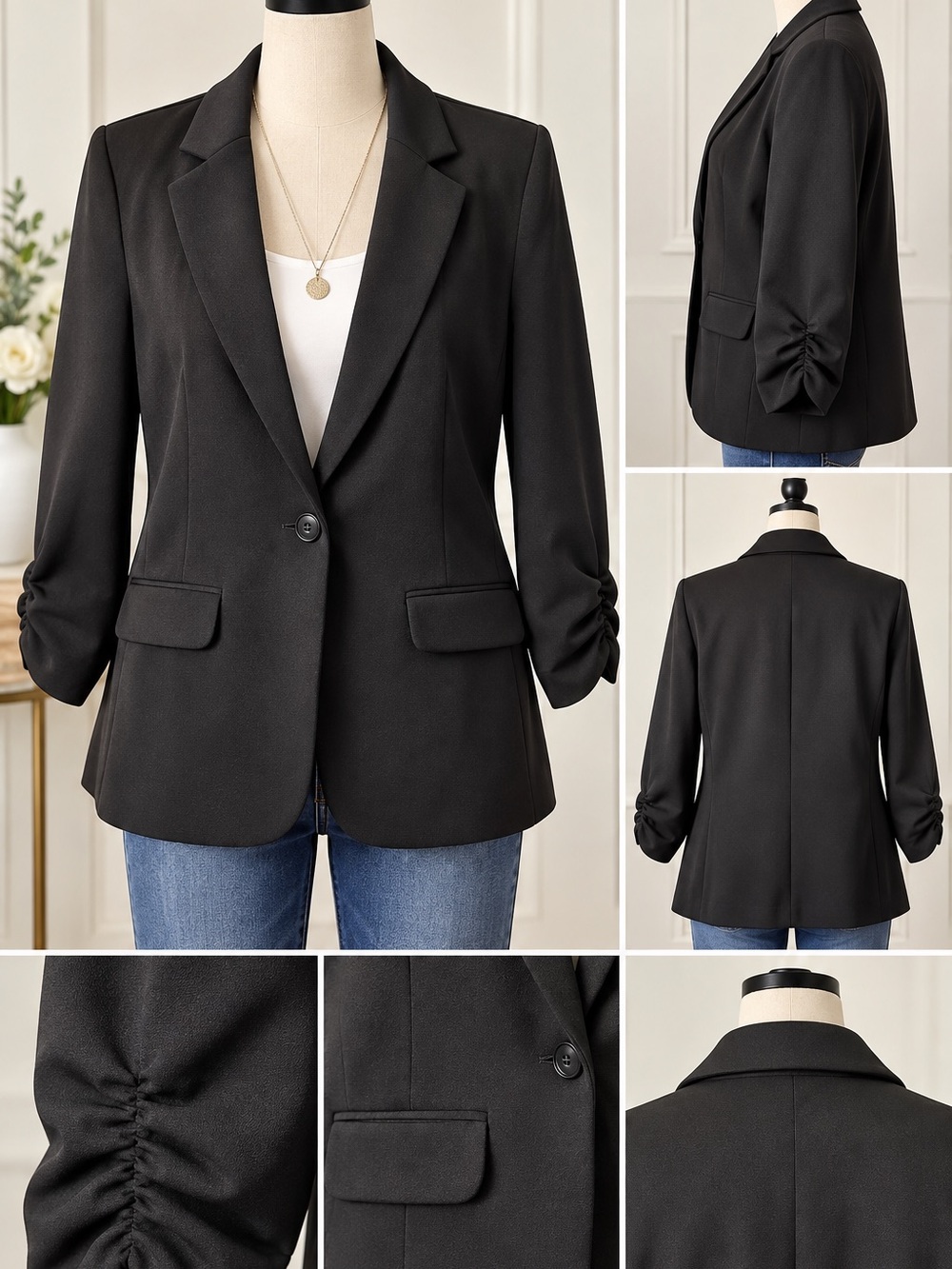 SOHO Apparel Black Blazer Ruched Sleeves One Button Faux Pockets Size L